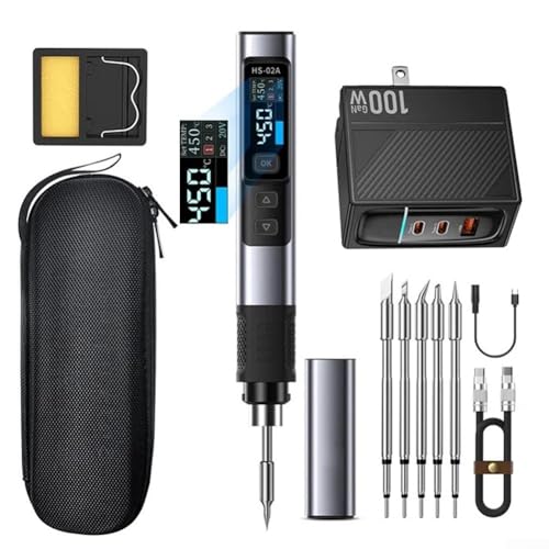 Soldering Iron Kit, PD/QC/DC Multi-protocol Power Supply, 9W-100W, High Power Heating, HS-02A Internal Heat Intelligent Soldering Iron, 0.96 IPS HD Colour Screen(High 6 Heads+US)