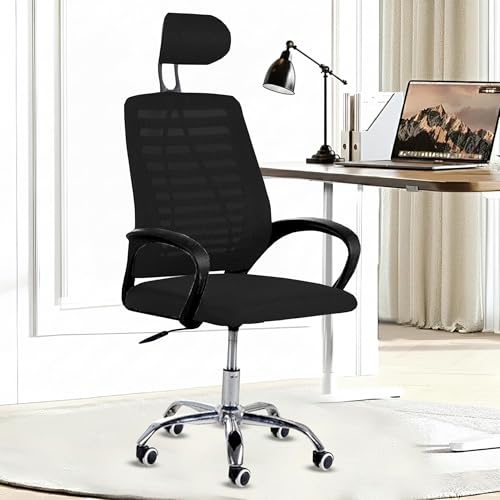 Image of Casa Copenhagen,Mesh Office Desk,Rocking, Ergonomic Computer Chair Adjustable High with Headrest and Comfortable Armrest Swivel Chair - Moon Black & Black Handle
