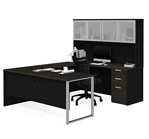 Bestar Pro-Concept Plus U-Shaped Executive Desk with Pedestal and Frosted Glass Doors Hutch, Deep Grey/Black