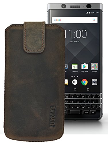 Suncase ECHT Ledertasche Leder Etui *Slim-Edition* für BlackBerry KEYone (mit Rückzugsfunktion & Magnetverschluss) antik-dunkel braun