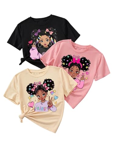 OYOANGLE Girl's 3 Pack Graphic Print Cartoon T Shirts Crew Neck Short Sleeve Cute Casual Tee Tops
