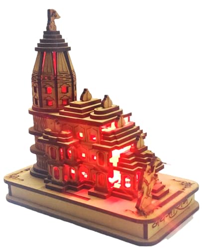 Image of mosey Ram Mandir Ayodhya Model Wwth Light | Sri Ram Janmabhoomi Wooden Temple With Led Light | Rammandir Wood 3D Model | Shri Ram Mandir 3D Wood Temple | Size 4 Inches