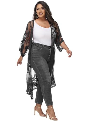 Anna-Kaci Women's Plus Size Lace Cardigan Embroidered Long Kimono