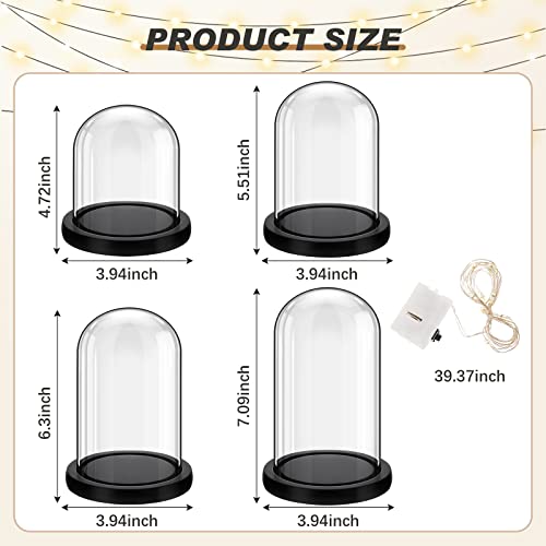 4 Pcs Clear Glass Dome Cloche With Led Fairy Light And Wood Base Set, Battery Operated Glass Cloche Glass Dome With Base Tabletop Bell Jar Display Case For Office Home Wedding Centerpiece (Black) #TOP1