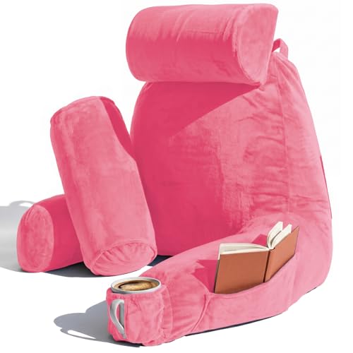 Image of Nestl Reading Pillow with Shredded Memory Foam Includes 2 Neck and Lumber Support Pillows, Designed for Sitting Up in Bed and Couch, Back and Arms Adjustable Support for Adult & Teens, Light Pink