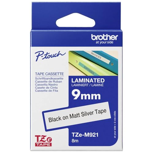 Brother TZe-M921 Labelling Tape Cassette, 9 mm (W) x 8 m (L), Laminated, Brother Genuine Supplies - Black on Matt Silver