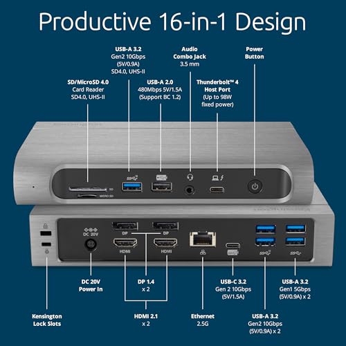 Image of Kensington SD5800T Thunderbolt 4 and USB4 Quad 4K Display Docking Station, 100W Charging, 2 x HDMI, 2 x DP, 2.5G Ethernet, Card Readers, for Windows /MacOS (K32856NA) (Pack of 6)