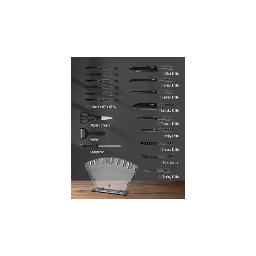EUNA-Knife-Block-Set-19-PCS-Kitchen-Knife-Set-with-Acrylic-Block-and-Sharpener-German-High-Carbon-Stainless-Steel-Knife-Sets-with-6-Serrated-Steak-Knives-Bread-Knife-Chef-Knife-Dishwasher-Safe EUNA Knife Block Set, 19 PCS Kitchen Knife Set with Acrylic Block and Sharpener, German High-Carbon Stainless Steel Knife Sets with 6 Serrated Steak Knives, Bread Knife, Chef Knife, Dishwasher Safe