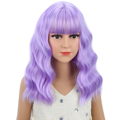 Image of Girls Lavender Purple Wig Child Short Light Purple Wavy Curly Wig Kids Wigs with Air Bangs Heat Resistant Synthetic Wigs with Cap