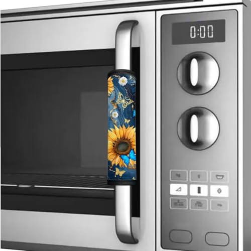 Image of 6 PCS Fridge Oven Door Handle Covers Kitchen Electrical Appliance Decor Handles Washable Fabric Indoor Decor Keep Off Stains Dust Fingerprint, Marble Sunflower Butterfly Daisy Dark Blue