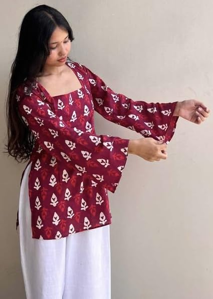 Image of FELISIA Women's Full Sleeves Rayon Printed Square Neck Short Kurti, Bell Sleeves, Short Kurti for Women, Stylish Ethnic Top, Daily Casual Western & Office wear