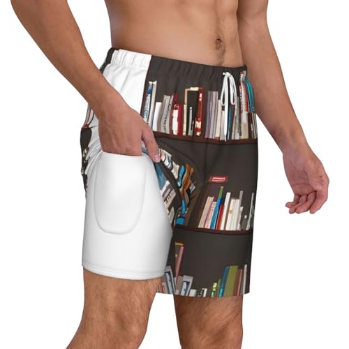 Library Bookcase Men's Soft Double Swim Shorts, Lounge Swiming Shorts Pants Breathable Summer3