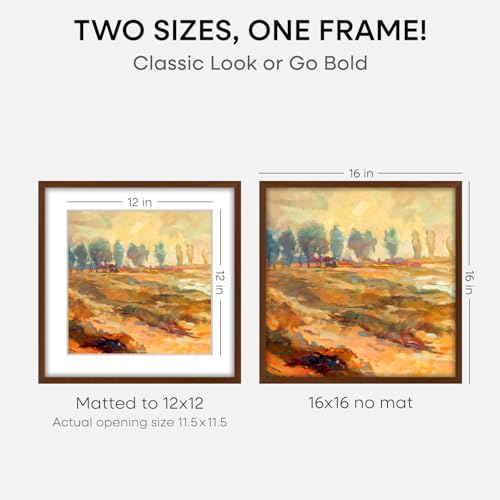 Image of Homeforia 16x16 Brown Picture Frame, High End Dark Oak 16 x 16 Square Wood Frame with Mat 12 x 12 for Photo, 16by16 Wooden Walnut Poster Frame Matted to 12x12 Print, Tempered Glass, Wall Kit, Set of 1