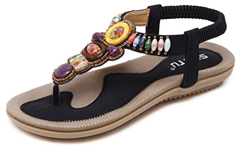 DolphinBanana Colorful Summer Vacation T Strap Flat Sandals Black Open Toe Thongs Jewels Gem Beads Dressy Casual Daily Wear Flip Flop Fashion Design Women Girls plus size, 9.5-10