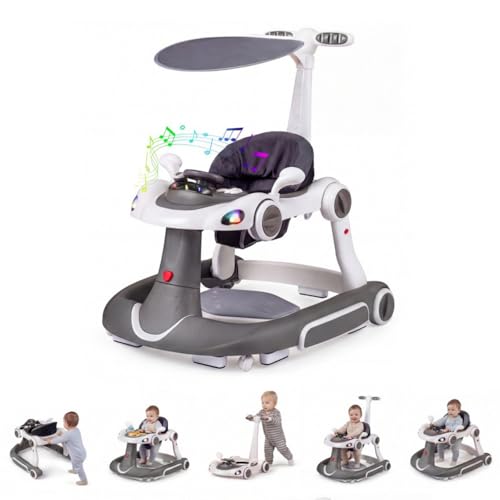 LIFEZEAL - Andador con sombrilla para bebé, Andador 6 en 1 con luces, música, centro de juegos y bandeja, carrito de paseo a altura y velocidad ajustables para bebé de 7 a 18 meses (gris)