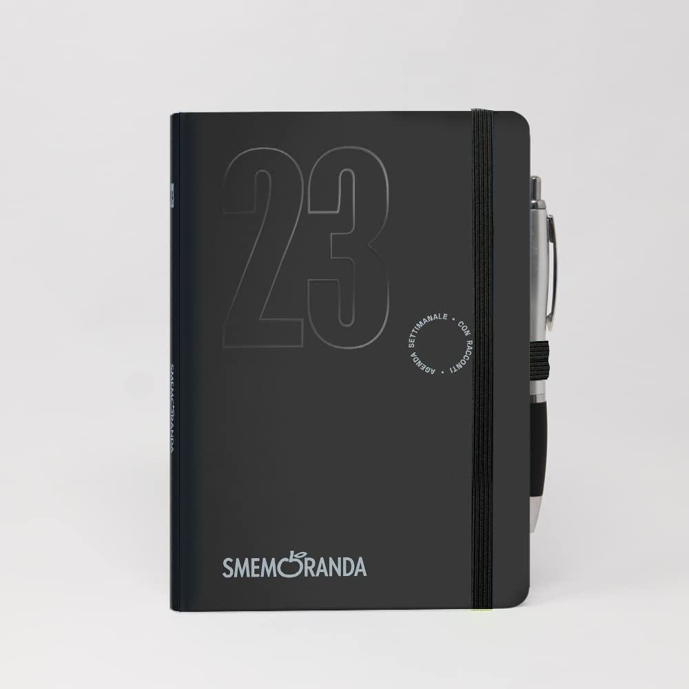 SmemorandaWeekly Diary 2023 Black - 12 Months with Planner - Large 13 x 18.8 cm - Home Office University - Soft Cover, Squared Pages, Elastic, Rounded Corners - Pen Included