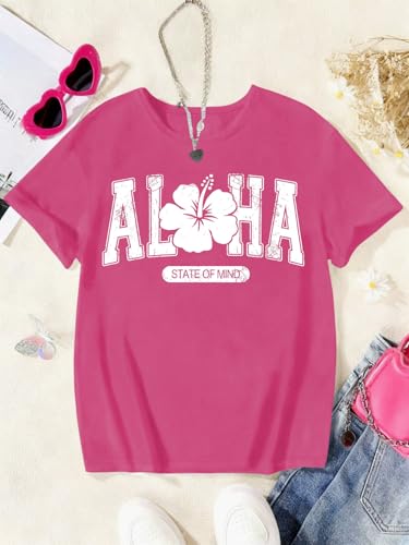 Image of SHENHE Girl's Summer Hawaiian Shirt Aloha Tropical Graphic Cute Crewneck Short Sleeve T Shirts Teen