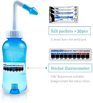Waterpulse Neti Pot Sinus Rinse Kit, 300ml Blue Bottle with 30 Salt Packets | BPA-free 300ml gravity neti pot set with 30 packets. Features bottom valve, temperature sticker, and adult/child nozzles.