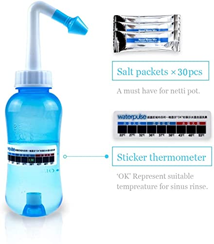 Nasendusche,Nasenspülung,Poduschesche,Nasendusche Erwachsene und Kinder 300ml mit 30 Nasenspülsalz und Thermometer-Aufkleber zum Nasenreinigung und Nasenspülung(Blau)