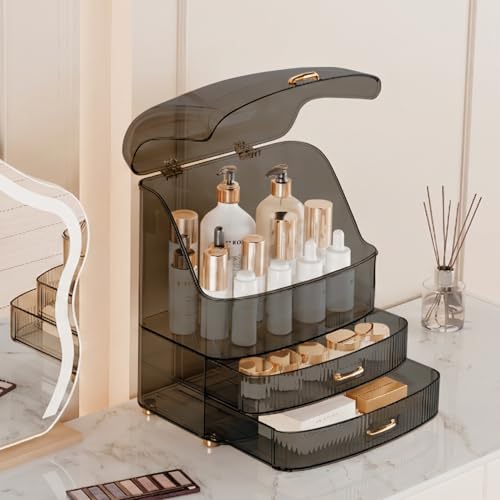 Image of Makeup Organizer Countertop Vanity with Transparent Lid Drawers Waterproof Dustproof Cosmetic Skincare Bathroom Storage Gift for Women Teens Girls (Clear Black)
