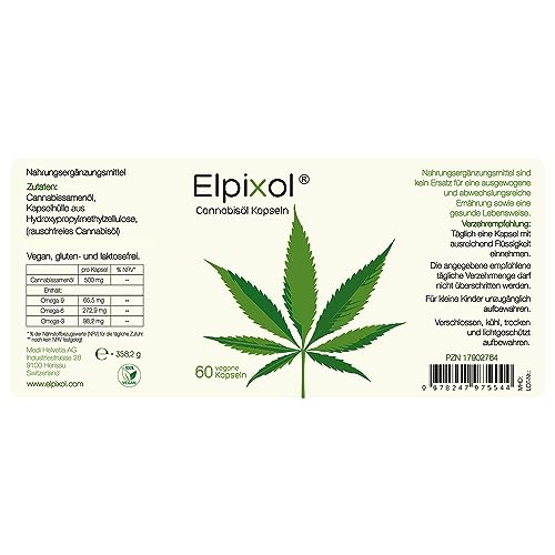 Elpixol® Hanföl Kapseln - Cannabisöl Kapseln hochdosiert mit Omega 3-6-9 (60 Stück) - 100% Hanfsamenöl Nativ und Kaltgepresst - 500mg veganes Cannabis Öl pro Kapsel - Laborgeprüft & Natürlich