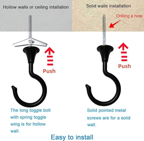Image of Large Swag Ceiling Hooks 2Sets Heavy Duty Swag Hook with Hardware for Hanging Plants Ceiling Installation Cavity Wall Fixing (2 Sets, Black,Large)