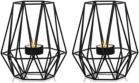 NUPTIO 2 Pcs Tealight Holders - Tea Light Candle Holders Geometric Candle Holder for Dining Table Decorations Centrepiece, Black Fireplace Ornaments for Living Room, Wedding Housewarming Gifts