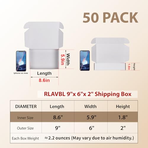 Image of RLAVBL 9x6x2 Shipping Boxes Set of 50, White Corrugated Cardboard Box for Packing, Mailing, Business