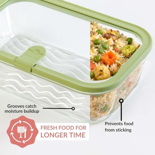 Image of Nestasia Vento Glass Containers with Lid Set of 5 (220ml x 4, 1320ml x 1) - Microwave, Refrigerator & Dishwasher Safe Containers with Air Vent Lid for Fridge Storage (Green)