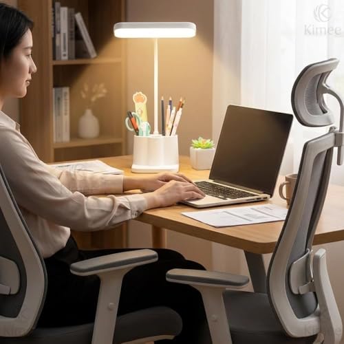 Image of Kimee Rechargeable LED Desk Lamp with Pen Holder & Phone Stand - Touch Control Study Lamp for Students, 3 Color Modes, Flexible Gooseneck, Eye-Care Table Lamp for Kids, Office & Home Work (White)