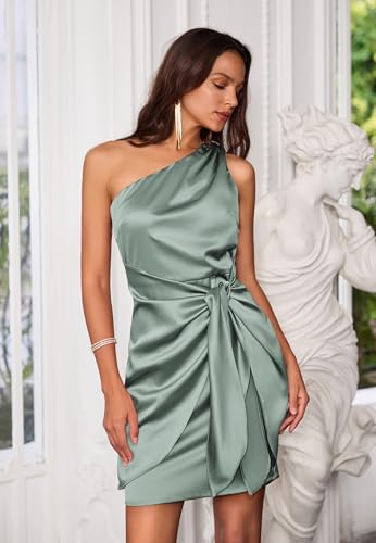 GRACE KARIN Women Satin Dress Cocktail One Shoulder Sleeveless Tie Waist Party Mini Dresses - Image 3