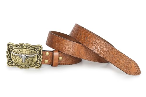 Image of Western-Cowboy-Leather-Belts for Women Turquoise-Oval-Buckle Embossed Belt
