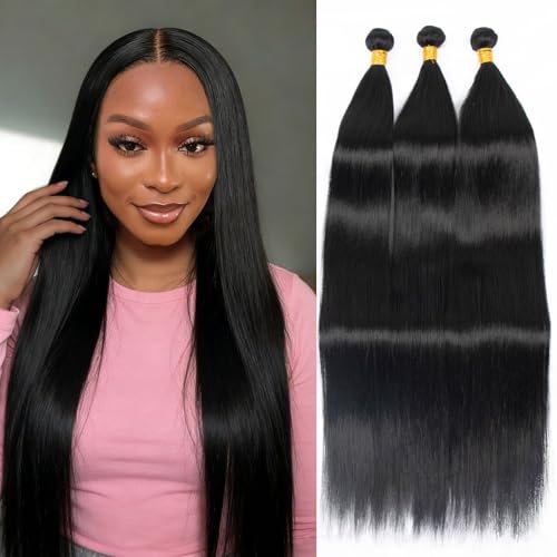 Brazilian Straight Hair Bundles 30 30 30 Inch Sew In Weft Hair Extensions Protein Fiber Soft as Human Hair Bundles Double Weft Natural Black Silky 3 Bundles for Quick Weave Braids Ponytail Wigs
