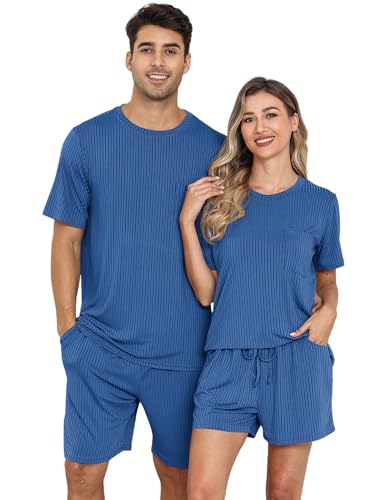 EISHOPEER Matching Pajamas for Couples 2 Piece Lounge Set Ribbed Knit Pajama Matching Tops and Shorts Peacock Blue XX-Large