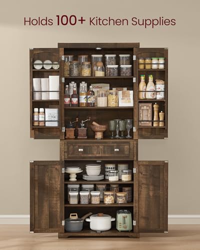 Image of VASAGLE Pantry Cabinet, Tall Storage Cabinet with Drawer, 71.7-Inch | Freestanding cupboard with 2 cabinets, 6 adjustable shelves, Deep Brown, UBBK561K01