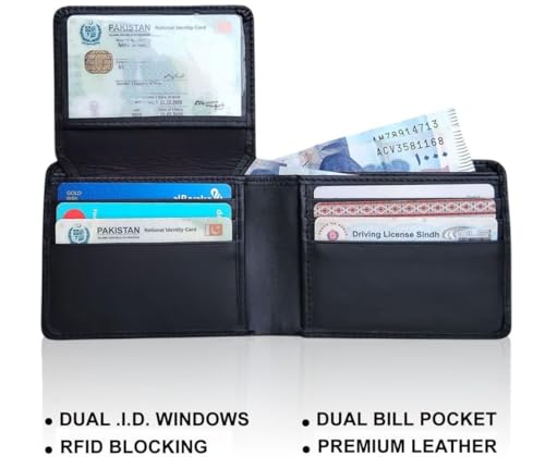 Men's Genuine Leather Wallet 6 Card Slots 2 ID Windows 2 Cash Compartments 2 Pockets Classic RFID Bifold Wallet For men (Charcoal black)2