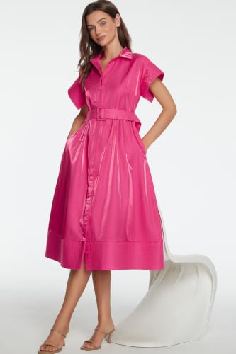Image of Ladyful Women Casual Button Down Shirt Dress Short Wing Sleeve Buiness Midi Shirt Dress with Belt Elegant Dress