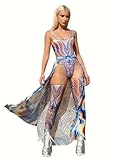 Women's Psychedelic Rave Set – Iridescent 3 Piece Bodysuit with Mesh Split Skirt & Thigh Highs for Festival Party (blue, M)