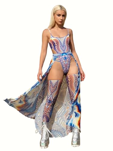 Women's Psychedelic Rave Set – Iridescent 3 Piece Bodysuit with Mesh Split Skirt & Thigh Highs for Festival Party (blue, L)