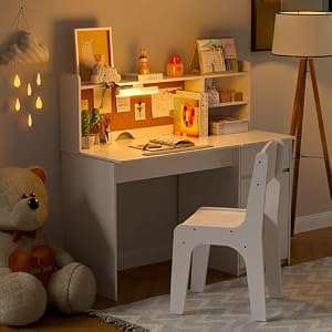 PakaLife Kids Study Desk and Chair Set,Children Study Table with 3-Color Lights,Tiltable Desktop,Multi Functional Wooden Table for Kids 5-12,Student Writing Desk with Hutch,Storage Cabinet for Bedroom PakaLife Kids Study Desk and Chair SetChildren Study Table with 3 Color LightsTiltable DesktopMulti Functional Wooden Table for Kids 5 12Student Writing Desk with HutchStorage Cabinet for Bedroom