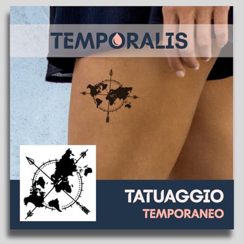 Tatuaggio VIAGGIO - Temporalis® | Tatuaggi temporanei uomo donna, tatuaggi finti vegani e waterproof - Certificato UE - Dura 1-2 settimane [ Tattoo Mappa del mondo e bussola ]