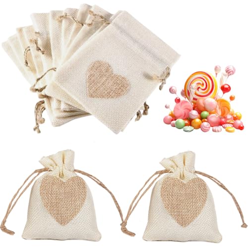 LAJUP 10Pcs Motif de Coeur Sachets en Toile de Jute Pochettes 10 * 8CM, Petit Pochon Dragees pour Dragees Mariage pour Bonbons Adeaux Cadeau Baptême Anniversaire Noël Pâques