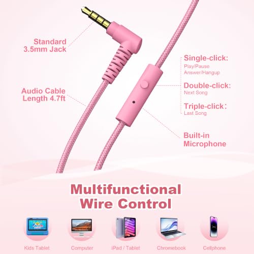 Image of AILIHEN I35 Kids Headphones for School with Mic, 93dB Volume, Rose Pink | Wired On Ear Headphones for Kids Girls, Foldable Lightweight Headphone for Classroom Learning & Entertainment Travel Computer