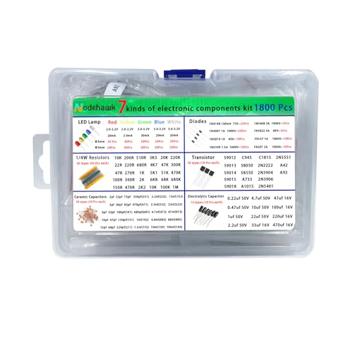 1800 Pcs Electronic Component Kit - 7 Types LED Diodes, Resistors, Capacitors, Ceramic Capacitors, Transistors, Diodes - for DIY Projects, Electronics Hobbyists
