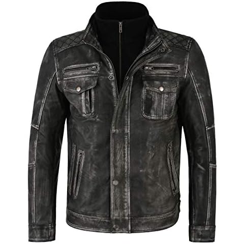 Men's Leather Jacket Distress Old Look Vintage Black Biker Style Lambskin 1501 (M) Cover