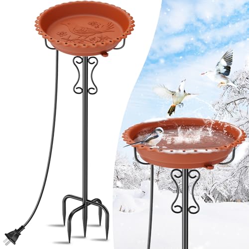 Ouinis Heated Bird Baths for Outdoors Winter,100W Heated Bird Bath Bowl for Outside Thermostatically Controlled Water Heated Birdbath with Metal 5-Prong Base for Garden Patio Yard (Brown)
