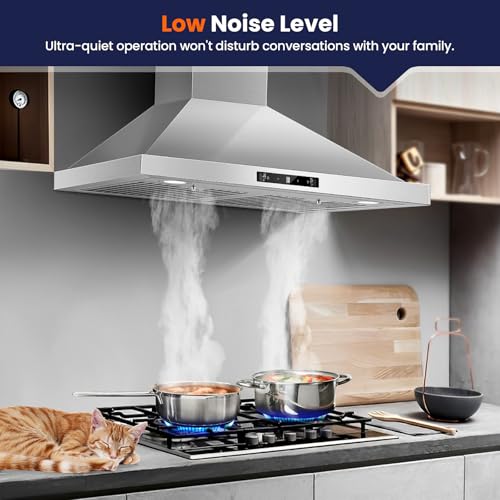 Image of Wall Mount Range Hood 30 inch, 800 CFM Kitchen Hood Stainless Steel Stove Vent Hood with Gesture Sensing & Touch Control, Ducted /Ductless Convertible Duct, 3-Speed Fan, LED Lights, Baffle Filters