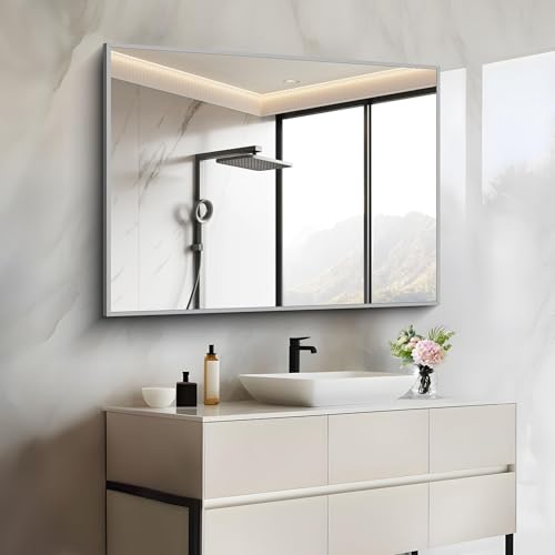 Image of COFENY 30x40In Silver Bathroom Mirror for Wall, Brushed Nickel Rectangle Mirrors with Metal Frame, Bathroom Rectangular Mirror Modern Wall Mirror for Bedroom Living Room, Hangs Horizontal or Vertical