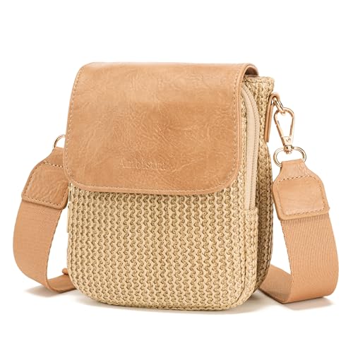 Ambistra RFID Blocking Summer Straw Purses for Women 2025 Small Crossbody Bags Cell Phone Wallet Purse for Travel Beach(Khaki)