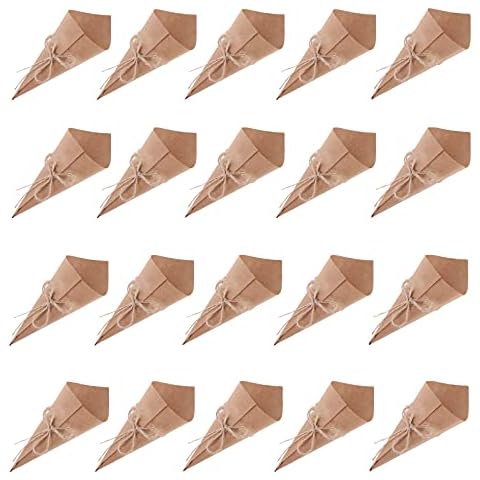 Kraft Paper Cones, Xfaiz 50 Pcs Bouquet Wedding Cones DIY Retro Kraft Paper Cones Brown Paper Cones with Stickers Tape for Confetti Candy Chocolate Cones Holders Bags Boxes Cover